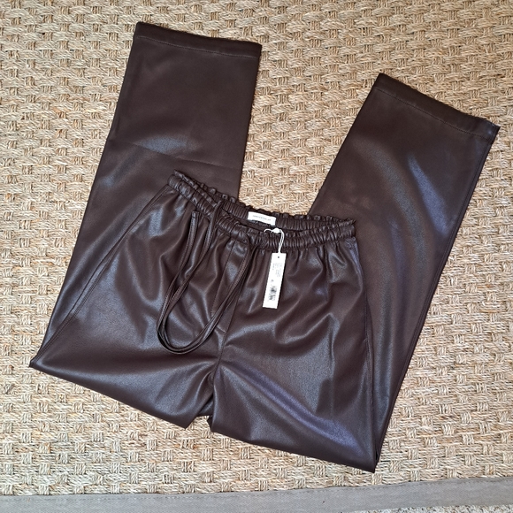 REBECCA TAYLOR VEGAN LEATHER WIDE LEG PANTS W/DRAWSTRING WAIST, DATE BROWN S - Picture 4 of 15